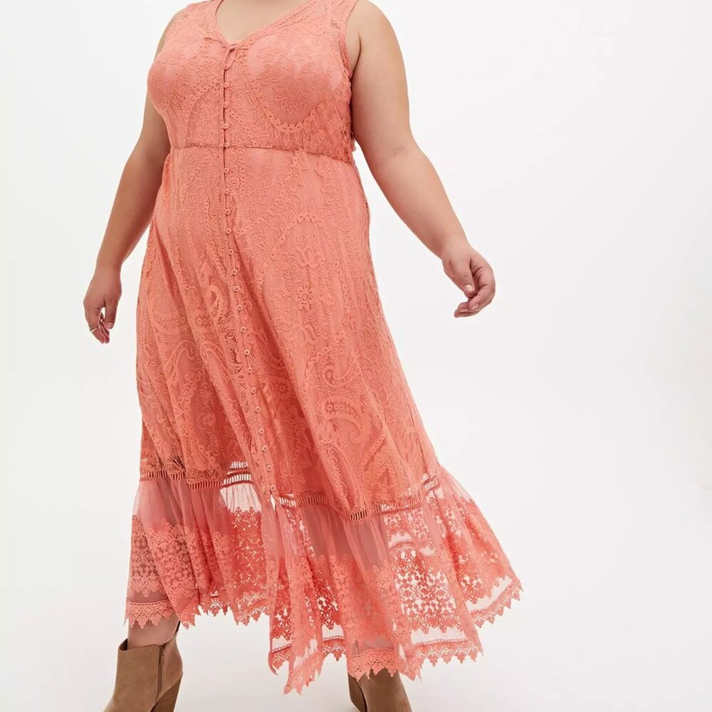 NWT Torrid Coral Lace Button Front Maxi Skater Dress
